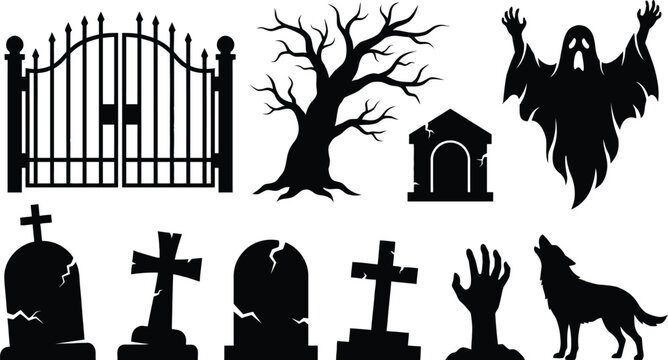 Halloween-themed black silhouettes vector set
