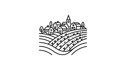 Naklejka premium A simple black and white line art illustration of a rural farm landscape with houses and crops.
