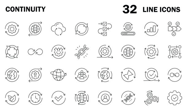 Continuity line icons set, 32 business process and workflow symbols, thin stroke circular cycle and infinity loop vector elements