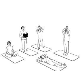Fototapeta premium Meditation Yoga Class Coloring Page Vector Illustration – People Practicing Mindfulness and Relaxation Indoors
