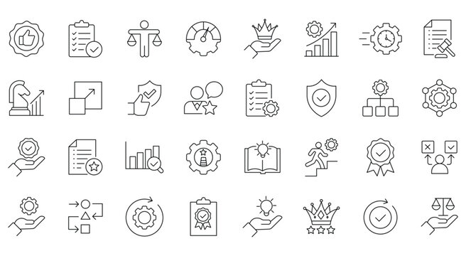 Core values and business ethics line icons, 32 professional corporate culture vector symbols, mission and vision strategy outline graphics for web