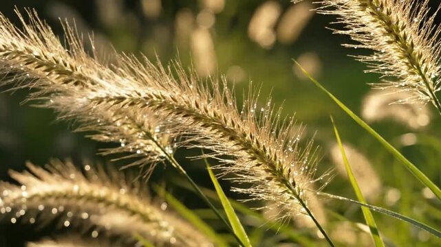Morning light shining through delicate wheat-like grass with water droplets, natural background