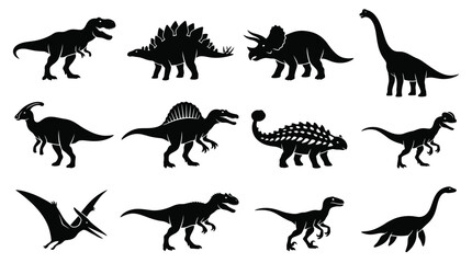 Black Dinosaur Silhouette Vector Collection Featuring Twelve Unique Prehistoric Species Including Tyrannosaurus, Stegosaurus, Triceratops, Brachiosaurus, Velociraptor, and Pteranodon for Creative  © Stockify