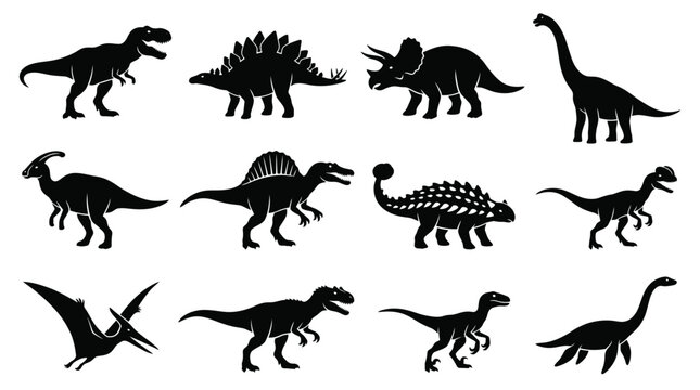 Black Dinosaur Silhouette Vector Collection Featuring Twelve Unique Prehistoric Species Including Tyrannosaurus, Stegosaurus, Triceratops, Brachiosaurus, Velociraptor, and Pteranodon for Creative 