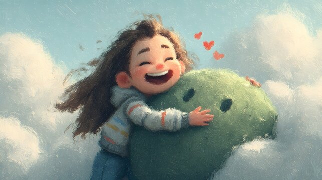 Happy girl hugging a fluffy green monster friend in the clouds