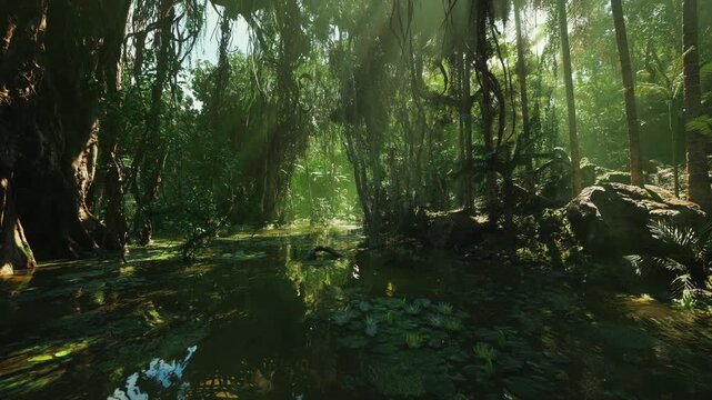 sunlit mangrove swamp with reflective water and dense tangled roots, dappled sunlight filtering through canopy, lush green foliage and tranquil mirrorlike pool