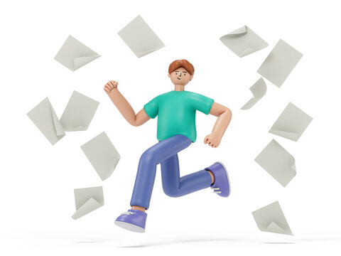 Man running amidst flying papers