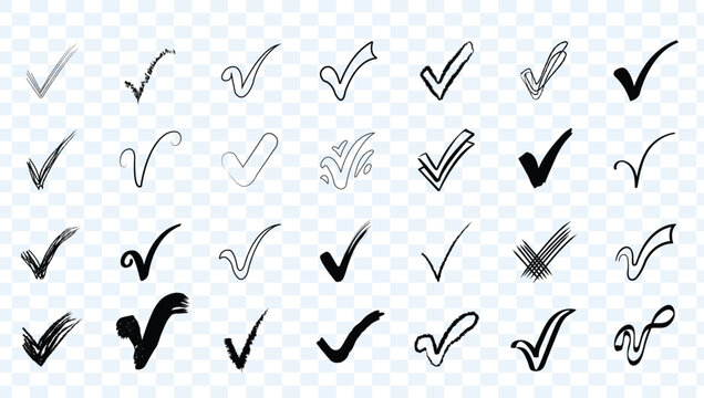 : Hand drawn checkmark icons set. Doodle check mark collection, black brush stroke tick symbols, validation, correct, choice, ok or yes sign isolated on white background vector illustration.