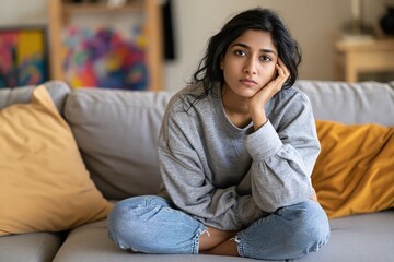 Obraz premium Young woman sits contemplative on couch with thoughtful expression, wearing gray sweater and blue jeans