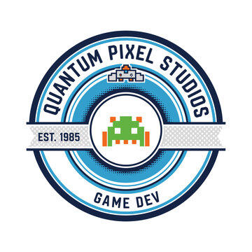 Nostalgic 8-bit style logo featuring a space invader character, perfect for gaming studios, app developers, and tech brands.