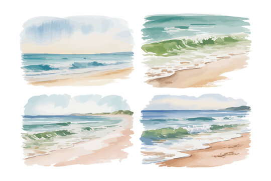 set of Watercolor Beach Scene, Sandy Ocean Coast Background, Summer Nature Illustration