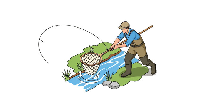 Fisherman catching a fish in a stream with a long landing net