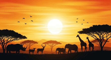 Fototapeta premium African safari sunset landscape with wildlife silhouettes