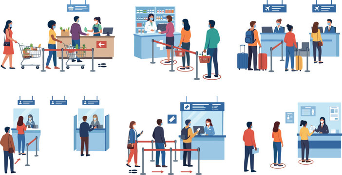 People in Queue at Airport Check in Pharmacy Grocery Counter Vector Element Set with Face Masks and Social Distancing Safety Measures