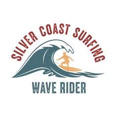 Obraz premium Retro-style illustration of a surfer on a big wave, perfect for beachwear, surfing schools, and coastal apparel.
