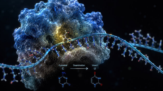 DNA base editing mechanism showing enzyme converting cytosine to uracil on single strand, molecular surface detail, dark background, biochemistry science concept
