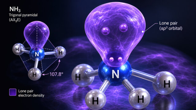 Ammonia molecule trigonal pyramidal geometry showing nitrogen lone pair sp3 orbital electron density purple translucent lobe above three hydrogen atom