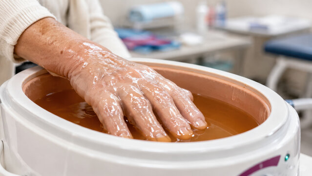 Hand submerged in warm paraffin wax bath for arthritis therapy, spa treatment for joint pain relief and skin care moisture