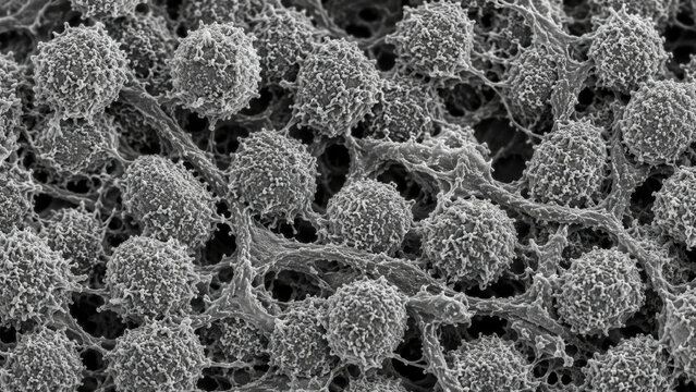 Scanning electron microscope view of densely packed lymphocyte population with irregular surface and reticular fiber network visible between cell