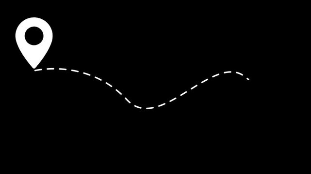 Animated dashed route line leading to map pin location on dark background. White navigation path with arrow and destination marker.4k video animation