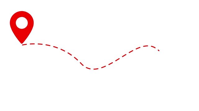 Animated dashed route line leading to map pin location on dark background. White navigation path with arrow and destination marker.4k video animation