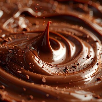 A close-up of swirled, melted chocolate with a peak in the center