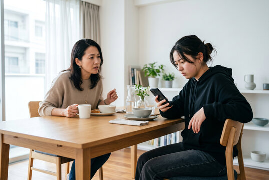 反抗期の娘とダイニングで向き合い悩む母親 Generative AI
