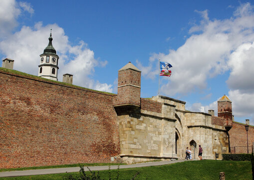 Stambol Gate and Sahat Tower at Kalemegdan Fortress with the city flag flying in Belgrade, Serbia.