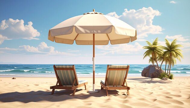 Beach umbrella with chairs on the sand. summer vacation concept. 3d rendering