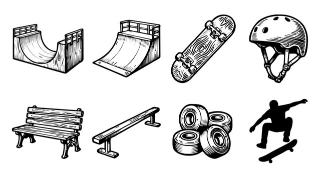 Hand-drawn illustration of skateboard ramps, half-pipe, wood texture, black and white sketch, extreme sports equipment, white background