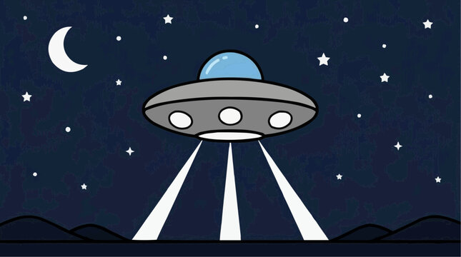 UFO flying saucer cartoon illustration shining light beams down in starry night sky