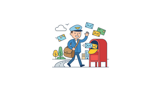 Happy mailman delivering letters to mailbox in city park
