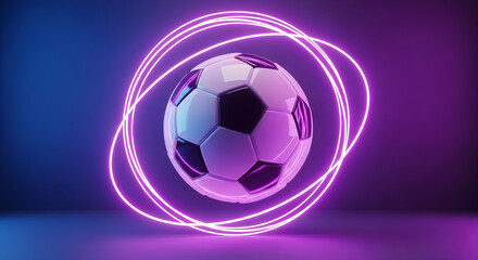 Naklejka premium A 3d render of a classic black and white soccer ball floating inside glowing purple and blue neon rings against a dark background