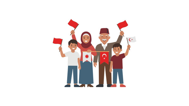 Happy multicultural family waving national flags celebrating unity