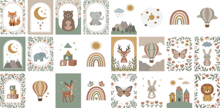 Boho Nursery Wall Art Poster Vector Illustration Collection Featuring Cute Animals, Celestial Moons, Rainbows, Hot Air Balloons, and Botanical Frames for Newborn Rooms