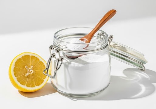 Glass jar of baking soda with a wooden spoon and a sliced lemon, perfect for natural cleaning solutions