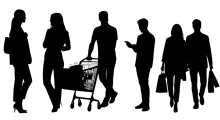 Silhouettes of people shopping with cart and bags © Md