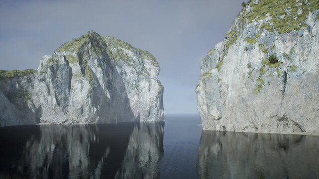 Sheltered coastal cliffs opening to ocean, calm reflective water and textured limestone ideal for marine research visuals, conservation campaigns,