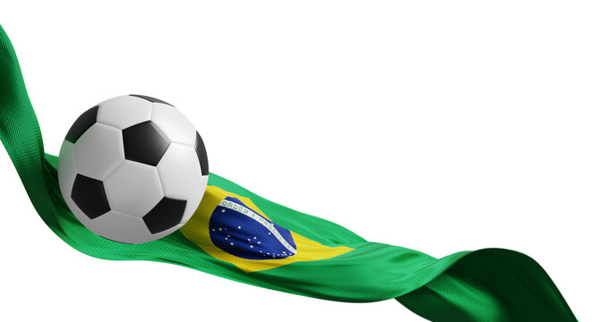 Soccer ball with Brazil flag flowing isolated on transparent background with copy space Football banner design 3D render
