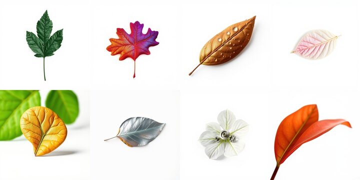 Various leaves, flower, differing colors, shapes present on white background. Natural elements, botanical illustration style.