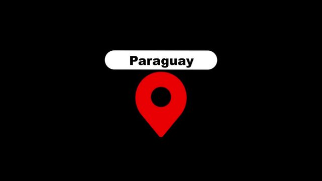 Paraguay map location pin animation, country travel destination marker on black background