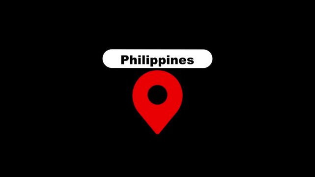 Philippines location pin animation on black background, travel map marker