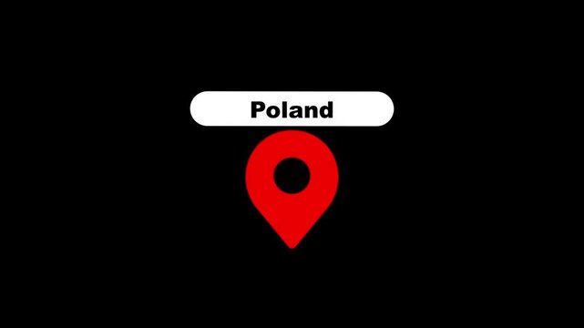 Poland location pin animation with text label on black background, for travel and, mapping projects marker