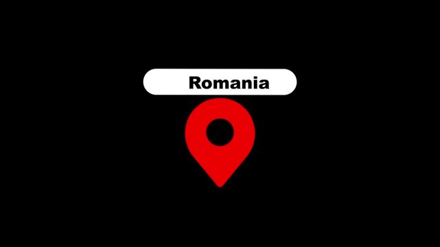Romania map pointer animation: travel location marker and geographic destination concept