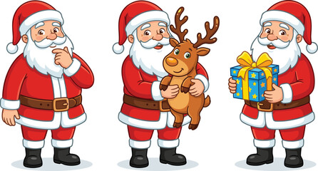 Cute cartoon Santa Claus vector character set standing in different poses holding a gift box and a reindeer isolated on white background © MDFahim