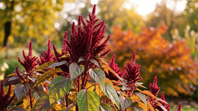 Red amaranth flowers blooming in a vibrant autumn garden with colorful foliage and soft sunlight