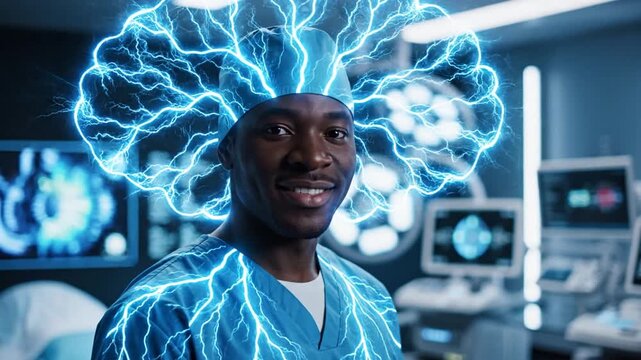 Surgeon with electric brain energy, medical technology concept