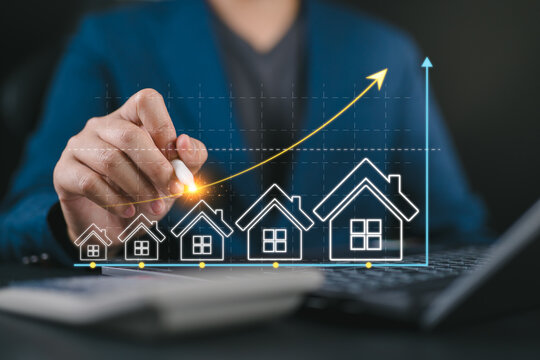 Real estate is online on virtual screens. home search, land price, real estate market. Real estate investment goals include buying a house, location, real estate market growth, and investment trends.