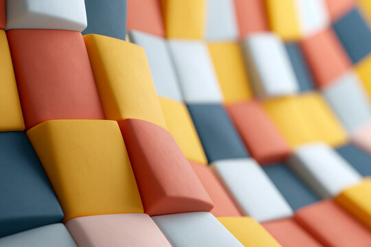 Vibrant blocks form a playful, wavy pattern. Soft pastels contrast bold hues in geometric arrangement. Texture suggests tactile warmth and modern design. Perfect for backgrounds, branding