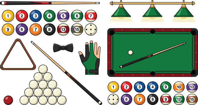 Billiard equipment vector elements set with pool table numbered balls cues triangle rack glove bow tie and hanging lamps isolated on white background